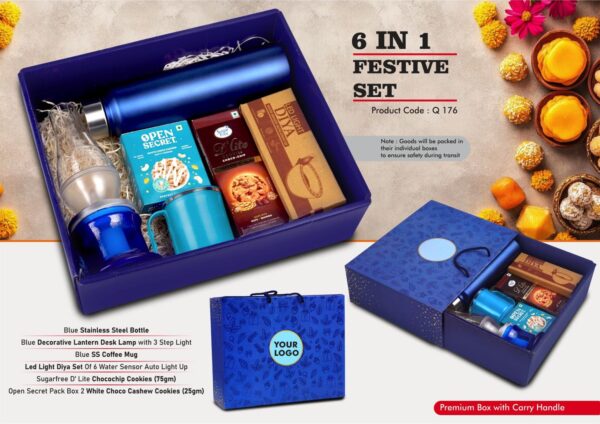 Q176 - Festive Set of 6: SS Bottle 1L, Decorative LED Lamp, SS Coffee Mug, 2 Choco Cashew Cookies, LED Light Diya Set of 6, Sugarfree Choco Chip Oat Cookies