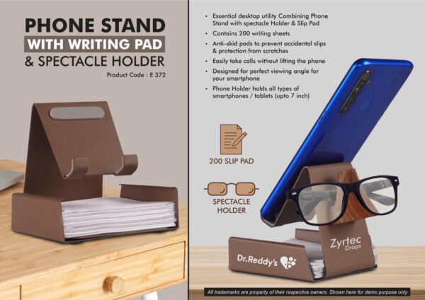 E372 - Metal Phone stand with Writing pad & Spectacle holder | 200 writing sheets | Perfect for glasses & goggles