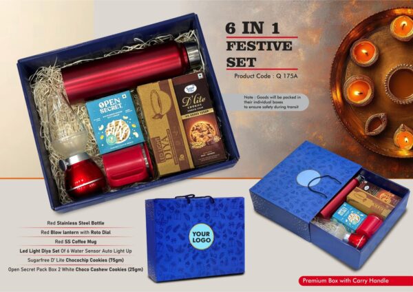 Q175a - Festive Set of 6: SS Bottle 1L, Decorative LED Blow Lamp, SS Coffee Mug, 2 Choco Cashew Cookies, LED Light Diya Set of 6, Sugarfree Choco Chip Oat Cookies