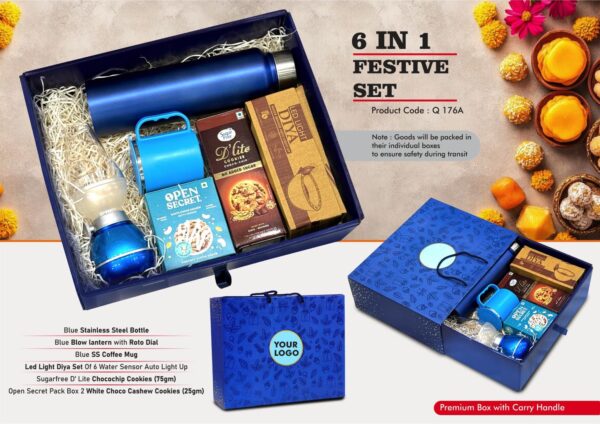 Q176a - Festive Set of 6: SS Bottle 1L, Decorative LED Blow Lamp, SS Coffee Mug, 2 Choco Cashew Cookies, LED Light Diya Set of 6, Sugarfree Choco Chip Oat Cookies