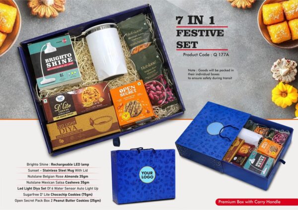 Q177a - Festive Set of 7: Brighto Shine Rechargeable Lamp, Premium SS Mug, LED Light Diya Set of 6, Sugarfree Choco Chip Oat Cookies, Mexican Salsa Cashews, Belgian Rose Almonds, 2 Peanut Butter Cookies