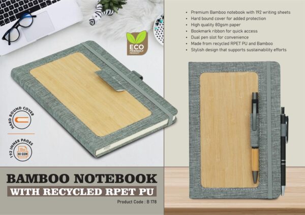 B178 - Bamboo notebook with recycled RPET PU | 192 writing sheets