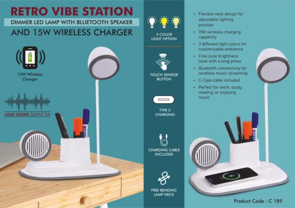 C189 - RetroVibe Station: Dimmer LED Lamp with Bluetooth speaker & 15W Wireless Charger