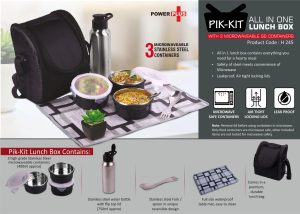 H245 - PIK-KIT: All in 1 Lunch box with 3 Microwaveable Steel containers | Contains SS bottle, Fork, Spoon, Tablemat, Premium Bag