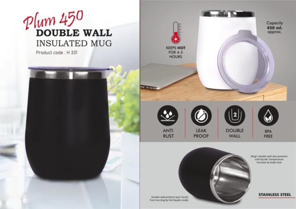 H331 - Plum 450: Double wall Insulated Mug | Keeps hot for 4-5 hours | Capacity 450ml Approx