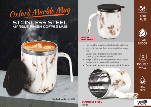H333 - Oxford Marble Mug: Stainless Steel Double wall Coffee mug Marble Finish | Leakproof | Capacity 460ml approx