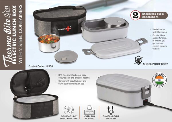 H338 - ThermoBite Slim: Electric Lunch Box with 2 Steel Containers | Carry Bag included