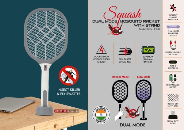 E386 - Squash: Dual Mode Mosquito racket with stand | UV Light I Insect Killer & Fly Swatter I 1200 mAh rechargeable Battery