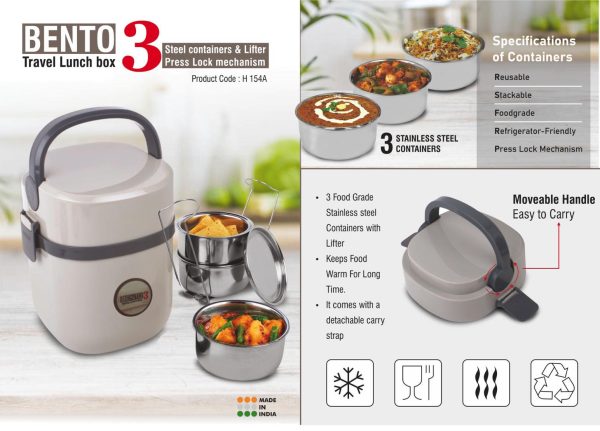 H154a - Bento Travel Lunch box with 3 Steel containers & Lifter | Press Lock mechanism