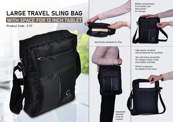 S57 - Large Travel sling bag with space for 13 inch Tablet | Perfect for Large iPad