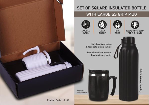 Q186 - Set of Square Insulated bottle with Large SS Grip mug | Bottle Keeps hot for 4-6 hours