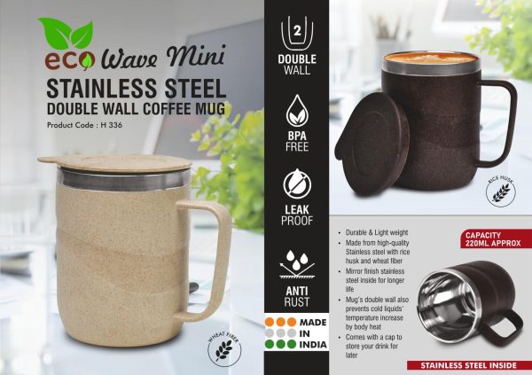 H336 - EcoWave Mini: Stainless Steel Double wall Coffee mug | Outer body made of Wheat & Rice husk | Leak Proof | Capacity 220ml approx