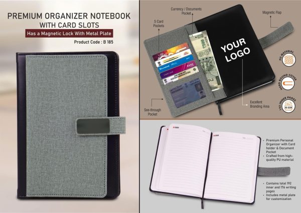 B185 - Premium Organizer notebook with card slots | Magnetic Lock with Metal plate
