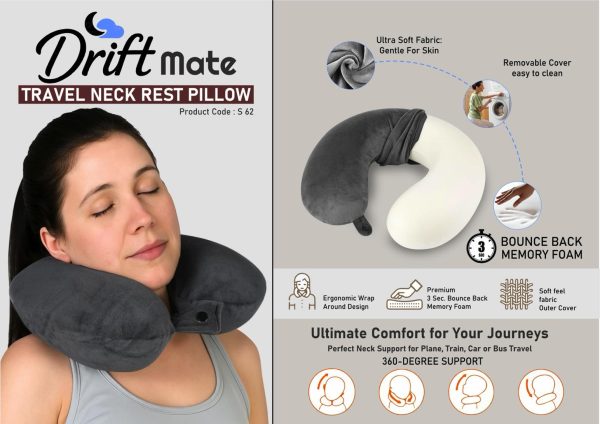 S62 - DriftMate: Travel Neck Rest Pillow - U Shaped with Soft fabric | 3 second bounce back memory foam