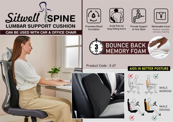 S67 - SitWell Spine: Car & Office Chair Lumbar Support Cushion with Soft fabric | 3 second bounce back memory foam