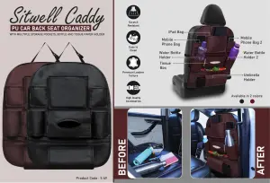 S69 - SitWell Caddy: PU Car Back Seat Organizer with Multiple Storage Pockets, Bottle And Tissue Paper Holder