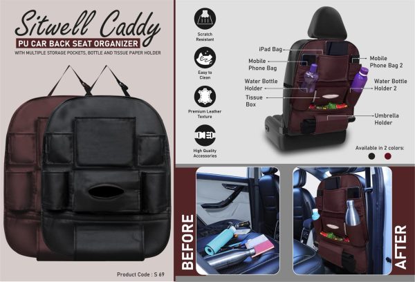 S69 - SitWell Caddy: PU Car Back Seat Organizer with Multiple Storage Pockets, Bottle And Tissue Paper Holder