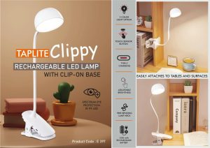 E397 - Taplite Clippy: Rechargeable LED lamp with clip on base | Can be atatched to tables & other surfaces | 3 Color light with Brightness adjustment | Type C Charging