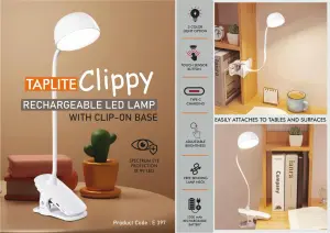 E397 - Taplite Clippy: Rechargeable LED lamp with clip on base | Can be atatched to tables & other surfaces | 3 Color light with Brightness adjustment | Type C Charging