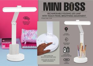 E399 - Mini Boss: Rechargeable Folding LED lamp with Touch panel Brightness adjustment | Detachable pen stand | 3 Color light option