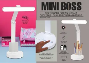 E399 - Mini Boss: Rechargeable Folding LED lamp with Touch panel Brightness adjustment | Detachable pen stand | 3 Color light option