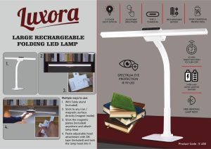 E400 - Luxora: Large rechargeable Folding LED lamp with timer & Brightness adjustment | Detachable head with 2 attachments | 3 Color light option | 45 min timer function