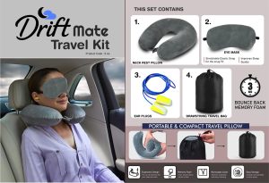 S64 - DriftMate Travel Kit: Combo of Memory foam Neck Rest Pillow, eye mask & ear plugs | With Drawstring Travel Bag