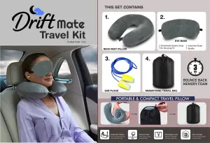 S64 - DriftMate Travel Kit: Combo of Memory foam Neck Rest Pillow, eye mask & ear plugs | With Drawstring Travel Bag