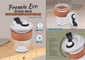 H339 - Premia Eco: Glass mug with Cork grip & Flip Top lid | Capacity: 350 ml