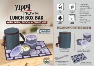 H341 - Zippy Nova: Lunch box bag with 3 Stainless steel containers, Fork, Spoon, Tablemat