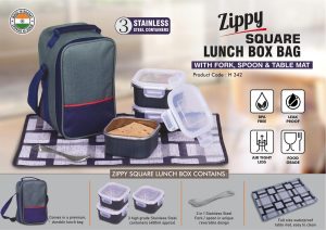 H342 - Zippy Square: Lunch box bag with 3 Square Stainless steel containers with striped design, Fork, Spoon, Tablemat