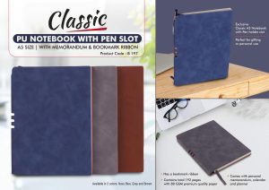 B197 - Classic PU notebook with Pen slot | A5 size | With memorandum & Bookmark ribbon