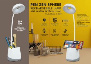 E382e - PenZen Sphere: Rechargeable lamp with tumbler & Phone stand | 3 Color light with Brightness adjustment | Type C Charging | 1200 mAh battery