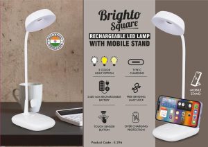 E396 - Brighto Square: Rechargeable LED Lamp with Mobile stand | Large capacity 2400 mAh battery | 3 Color light with Brightness adjustment | Type C Charging