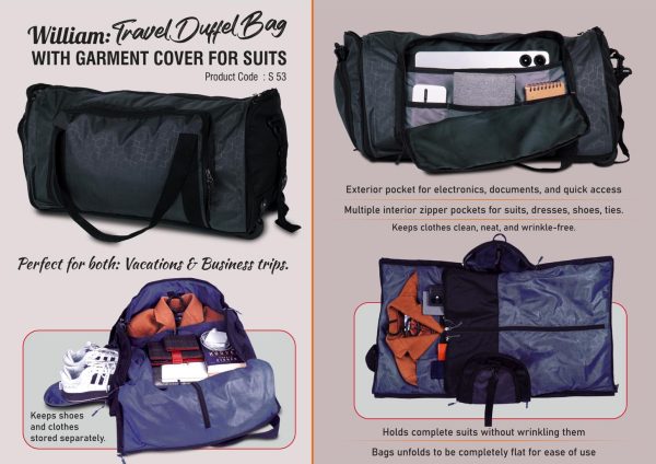 S53 - William: Travel Duffel Bag with Garment cover for Suits | Fully openable design | Separate Shoe compartment