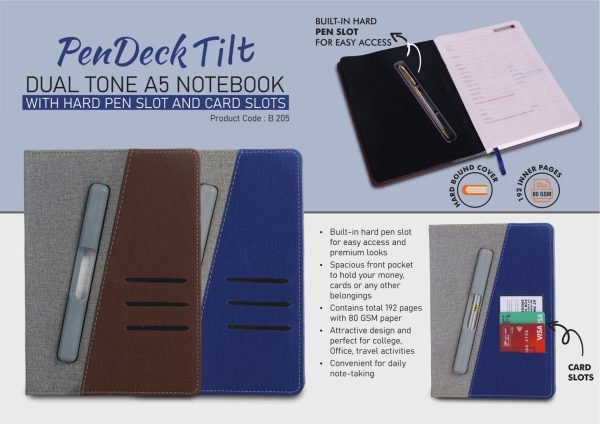 B205 - PenDeck Tilt: Dual tone A5 Notebook with Hard pen slot and card slots