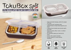 H357 - TokuBox Split: Slim Lunch box with SS inside | PU Filling keeps food hot | 2 partitions with silicon seal inside to keep contents separate | Spoon included | Leakproof