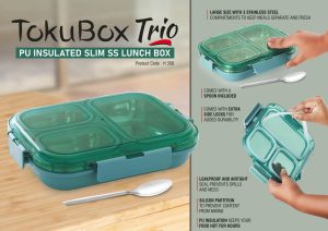 H358 - TokuBox Trio: Slim Lunch box with SS inside | PU Filling keeps food hot |  | 3 partitions with silicon seal inside to keep contents separate | Spoon included | Leakproof