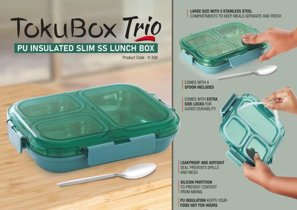 H358 - TokuBox Trio: Slim Lunch box with SS inside | PU Filling keeps food hot |  | 3 partitions with silicon seal inside to keep contents separate | Spoon included | Leakproof