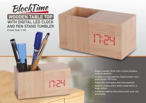 A149 - BlockTime: Wooden Table Top with Digital LED Clock and Pen Stand tumbler
