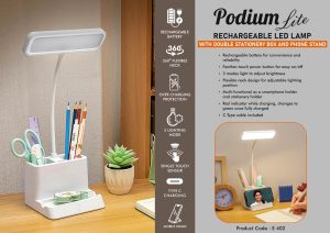 E402 - Podium Lite: Rechargeable LED lamp with Double stationery box and Phone stand | 3 Color light with Brightness adjustment | Type C Charging | 1200 mAh battery