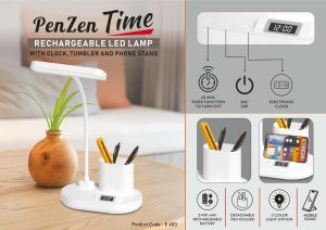 E403 - PenZen Time: Rechargeable LED lamp with Clock, Pen stand tumbler and Phone stand | 3 Color light with Brightness adjustment | Type C Charging | 2400 mAh battery