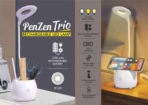 E404 - PenZen Trio: Rechargeable LED lamp with Pen stand tumbler and Phone stand | 3 Color light with Brightness adjustment | Type C Charging | 1200 mAh battery
