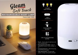 E405 - Gleam: Soft touch Rechargeable Night Lamp | 3 Color light with Brightness adjustment | Type C Charging | 1200 mah battery