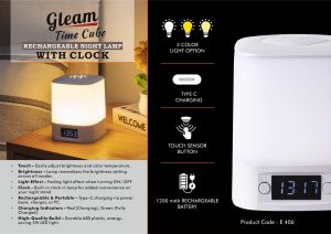 E406 - Gleam TimeCube: Soft touch Rechargeable Night Lamp with Clock | 3 Color light with Brightness adjustment | Type C Charging | 1200 mah battery