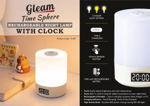 E407 - Gleam TimeSphere: Soft touch Rechargeable Night Lamp with Clock | 3 Color light with Brightness adjustment | Type C Charging | 1200 mah battery