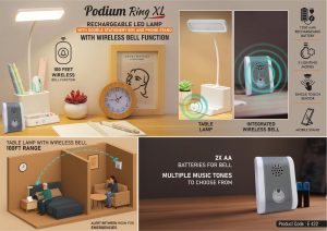 E422 - Podium Ring XL: Rechargeable LED lamp with Wireless Bell Function | Double stationery box and Phone stand | 3 Color light with Brightness adjustment | Type C Charging | 1200 mAh battery