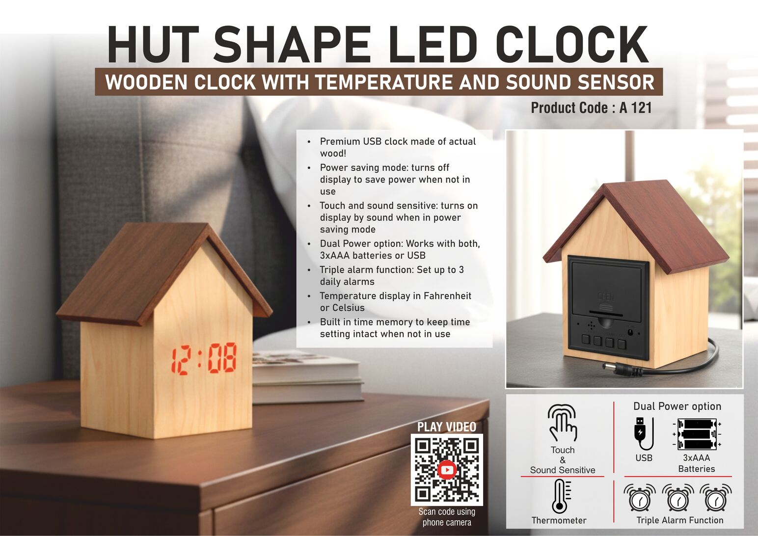 A121 - Hut shape wooden LED clock with temperature and sound sensor | Dual power (Battery / USB)