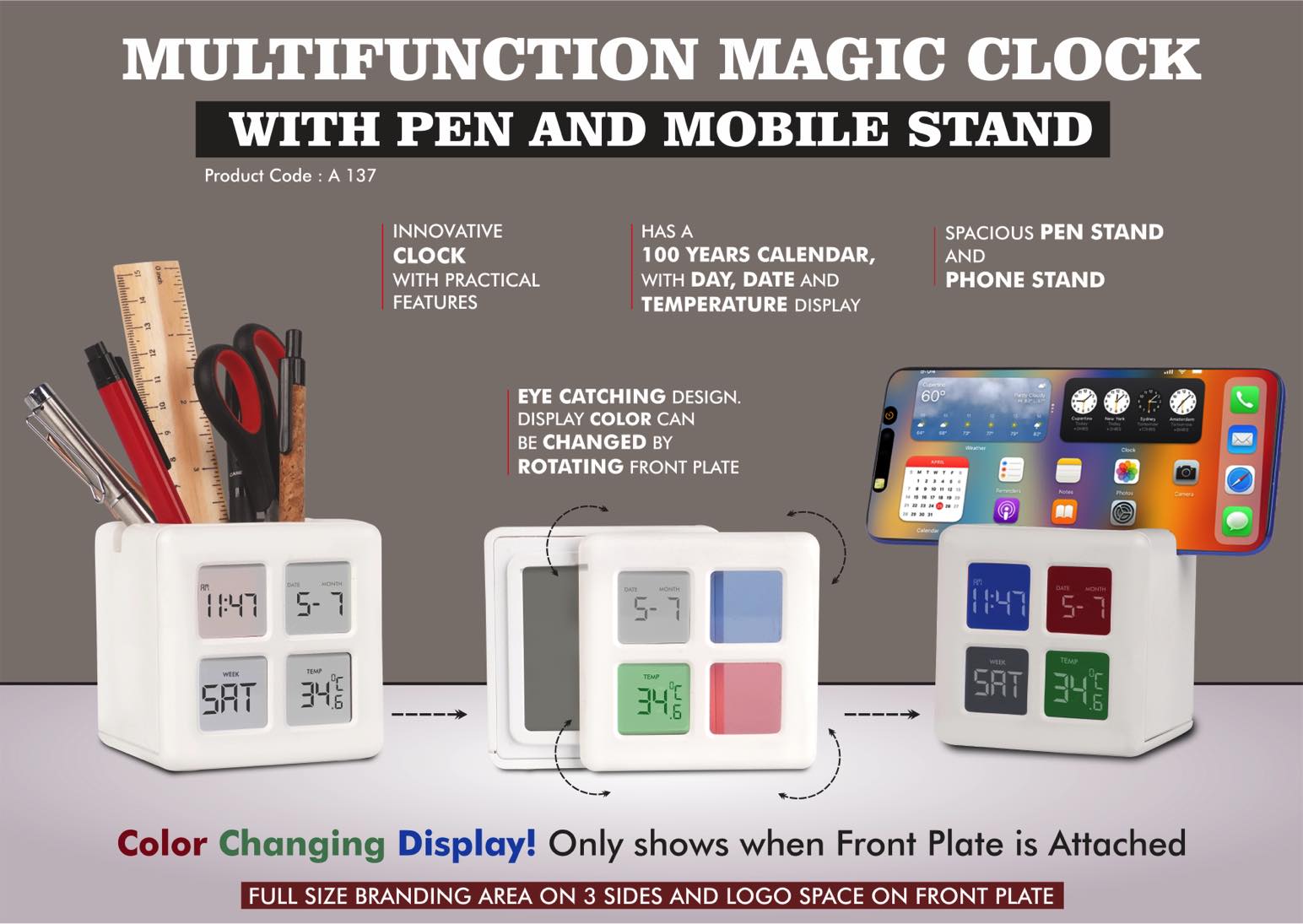 A137 - Multifunction Magic Table Clock with Tumbler | Color Changing Display | Spacious Pen Stand with Phone stand