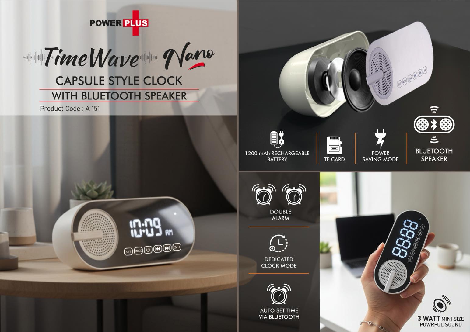 A151 - TimeWave Nano: Capsule style clock with Bluetooth speaker | Mirror finish display | FM & TF card reader | 1200 mAh battery